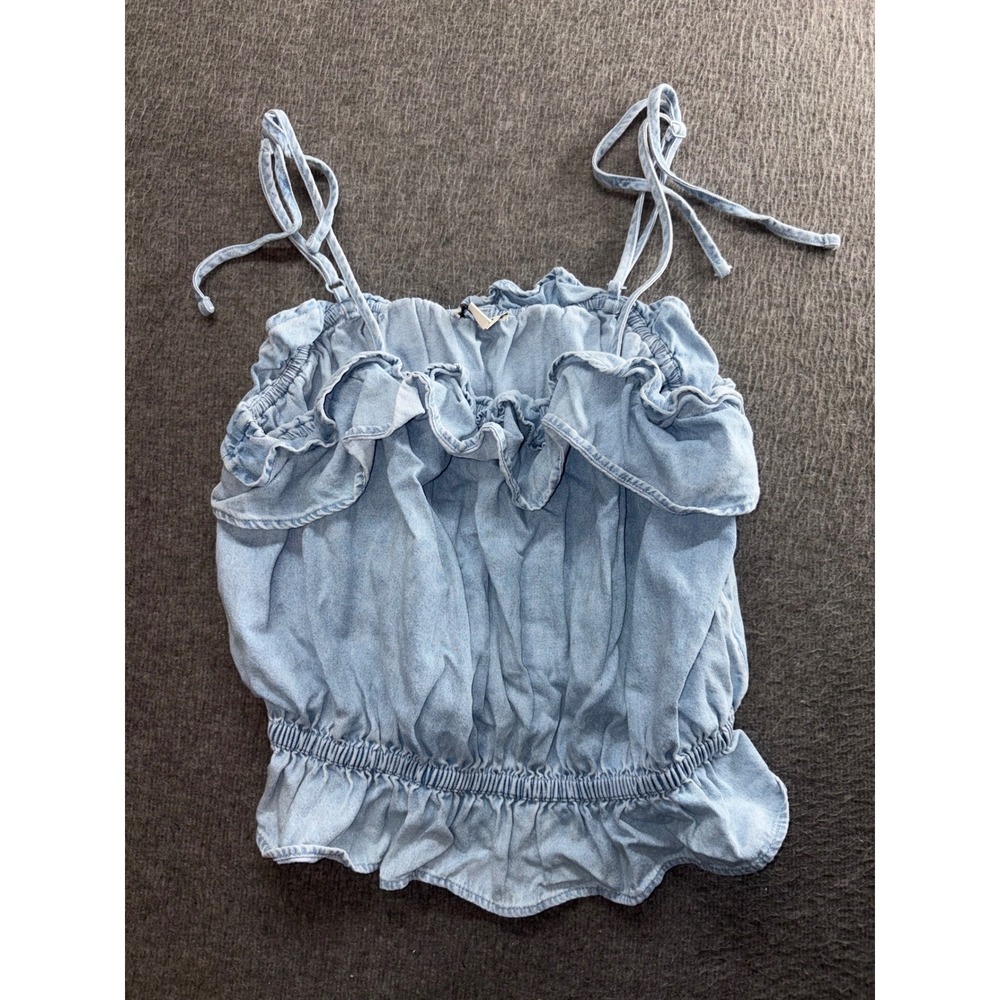 American Eagle Denim Ruffle Tie Strap Smocked Peplum Camisole Top Light Wash L